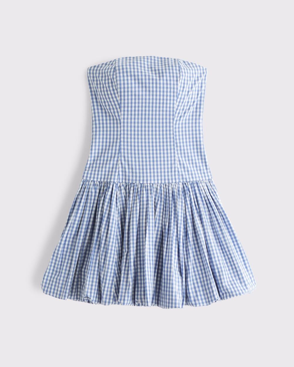 Abercrombie & Fitch Strapless Bubble Hem Mini Dress in Blue Gingham Medium Tall - Picture 1 of 11